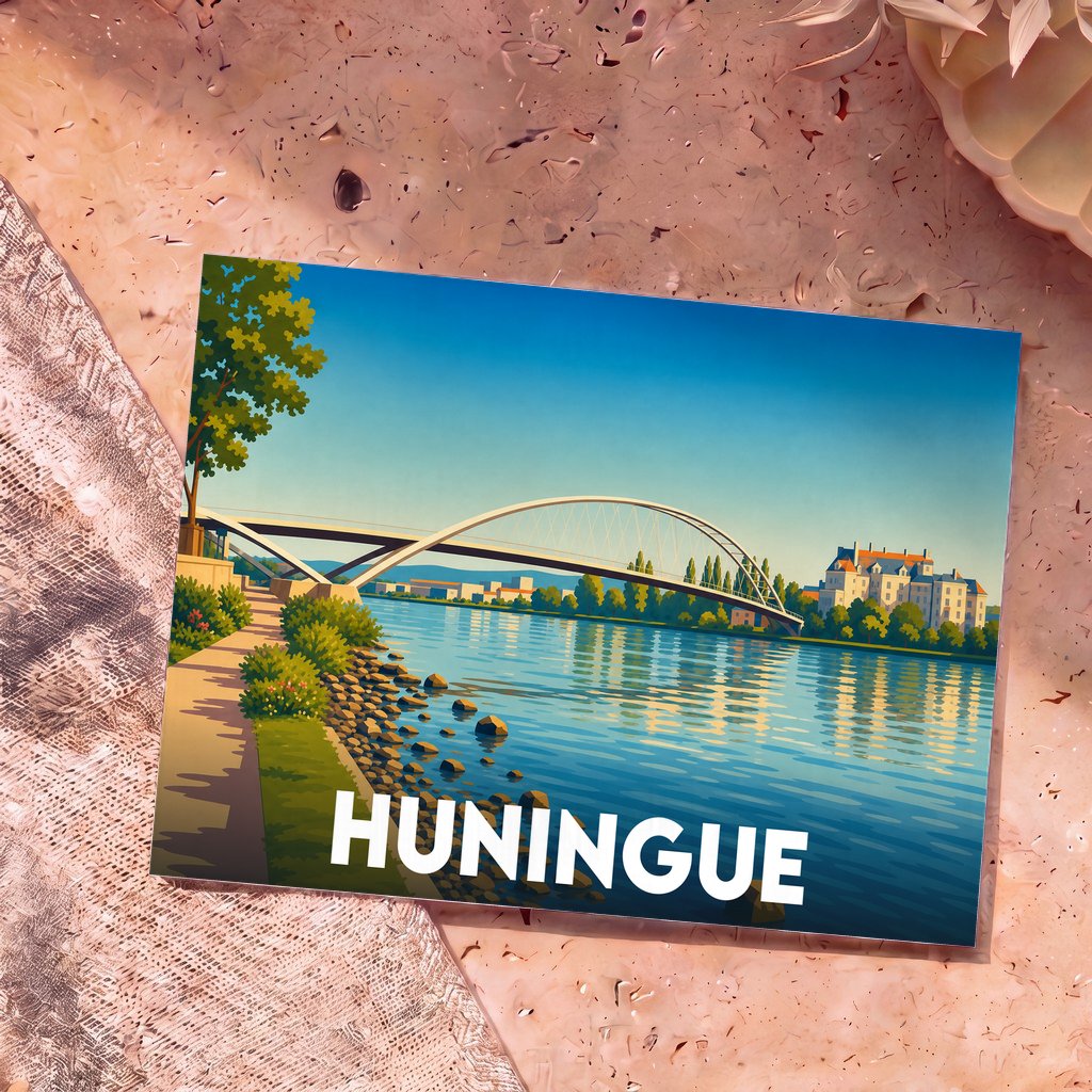 Carte postale souvenir de la ville de Huningue illustrant le pont des Trois Pays enjambant le Rhin dans un style artistique épuré.