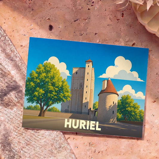Carte postale souvenir de la ville de Huriel avec une illustration stylisée de son donjon médiéval.