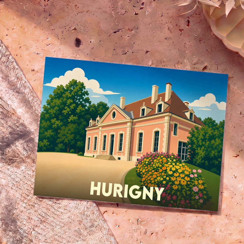 Carte postale souvenir de la ville de Hurigny avec une illustration stylisée d'une grande demeure ancienne.