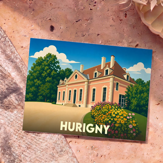 Carte postale souvenir de la ville de Hurigny avec une illustration stylisée d'une grande demeure ancienne.