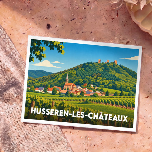 Carte postale souvenir de Husseren-les-Châteaux avec une illustration stylisée d'un village alsacien entouré de vignes et de collines.