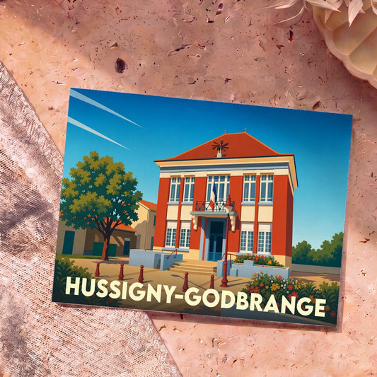 Carte postale souvenir de la ville de Hussigny-Godbrange avec une illustration stylisée de sa mairie.