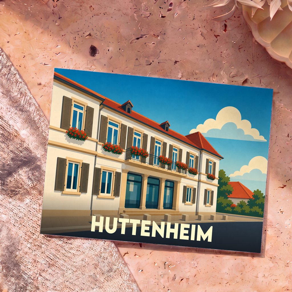 Carte postale souvenir de la ville de Huttenheim avec une illustration stylisée d'un bâtiment alsacien fleuri.