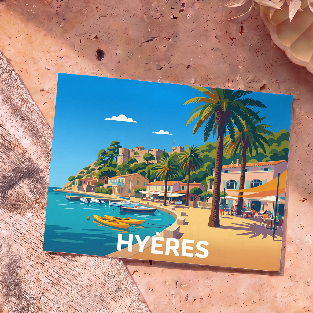Carte postale souvenir de la ville de Hyères avec une illustration stylisée et colorée de son port et de ses palmiers.