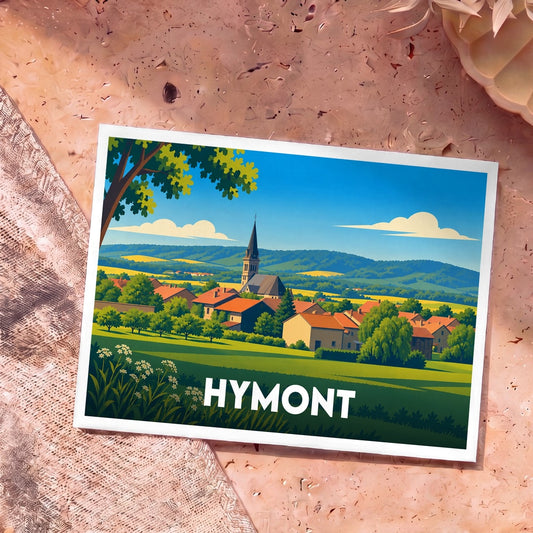 Carte postale souvenir de la ville de Hymont avec une illustration stylisée d'un paysage de campagne vallonné.