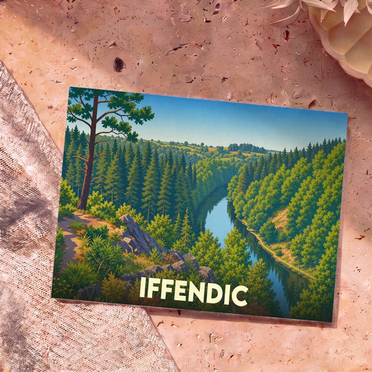 Carte postale souvenir de la ville d'Iffendic avec une illustration stylisée d'une vallée boisée et d'une rivière.