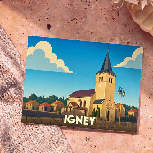 Carte postale souvenir de la ville d'Igney avec une illustration stylisée de son église et de ses maisons sous un ciel bleu.