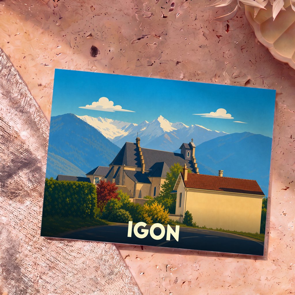 Carte postale souvenir de la ville d'Igon avec une illustration stylisée d'une église devant des montagnes enneigées.