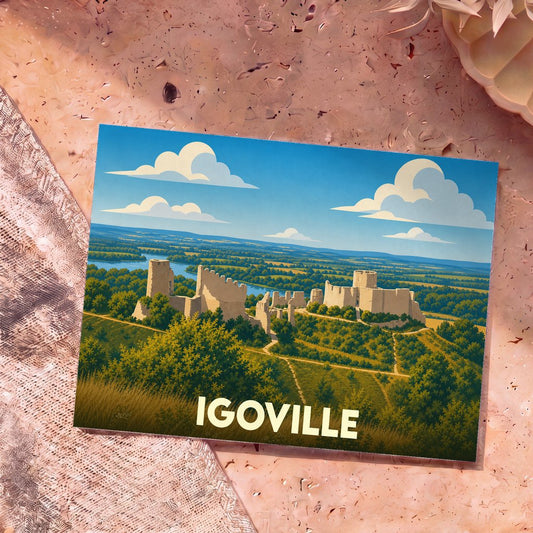 Carte postale souvenir de la ville d'Igoville avec une illustration stylisée de ruines médiévales surplombant un paysage verdoyant.