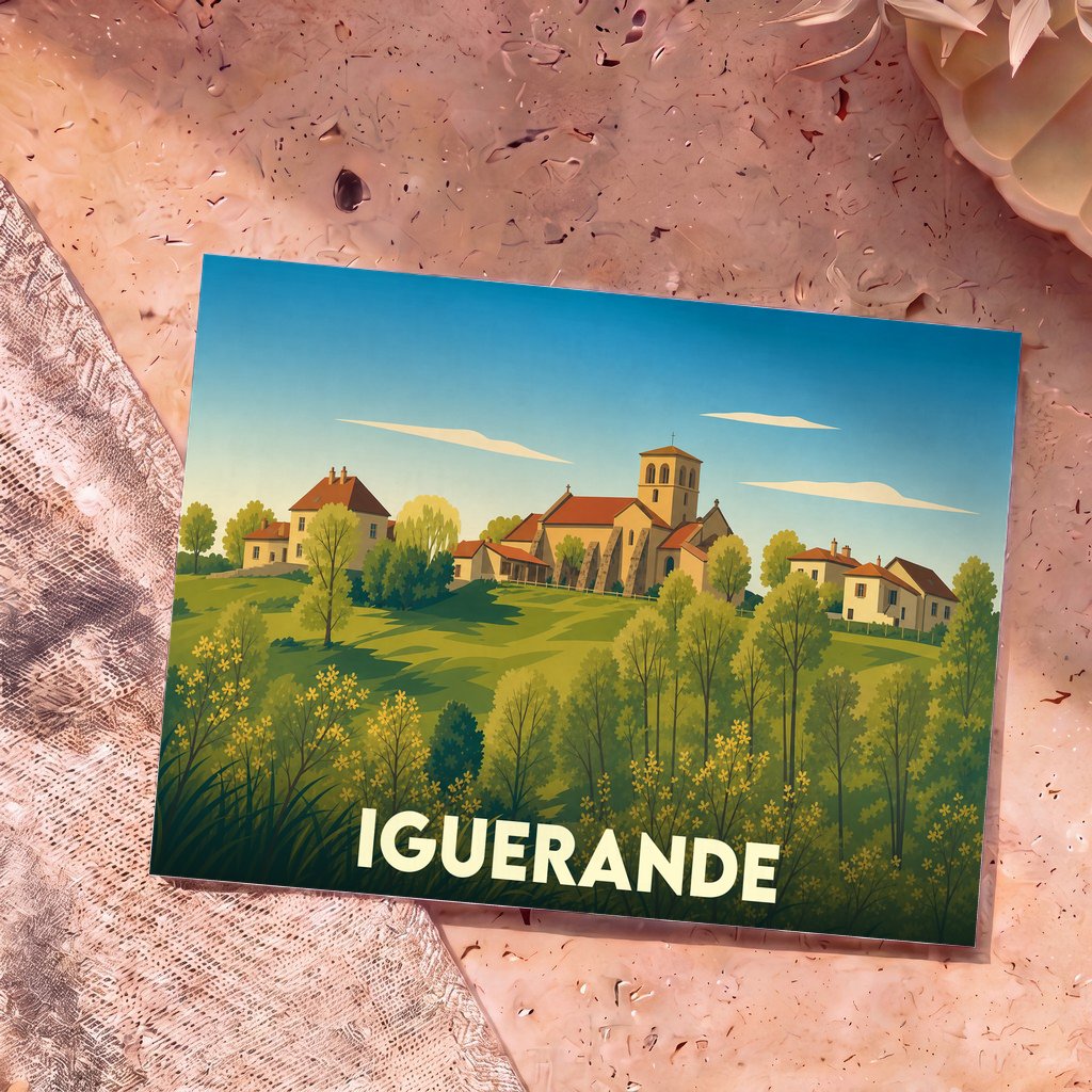 Carte postale souvenir de la ville d'Iguerande avec une illustration stylisée d'un village et de son église.
