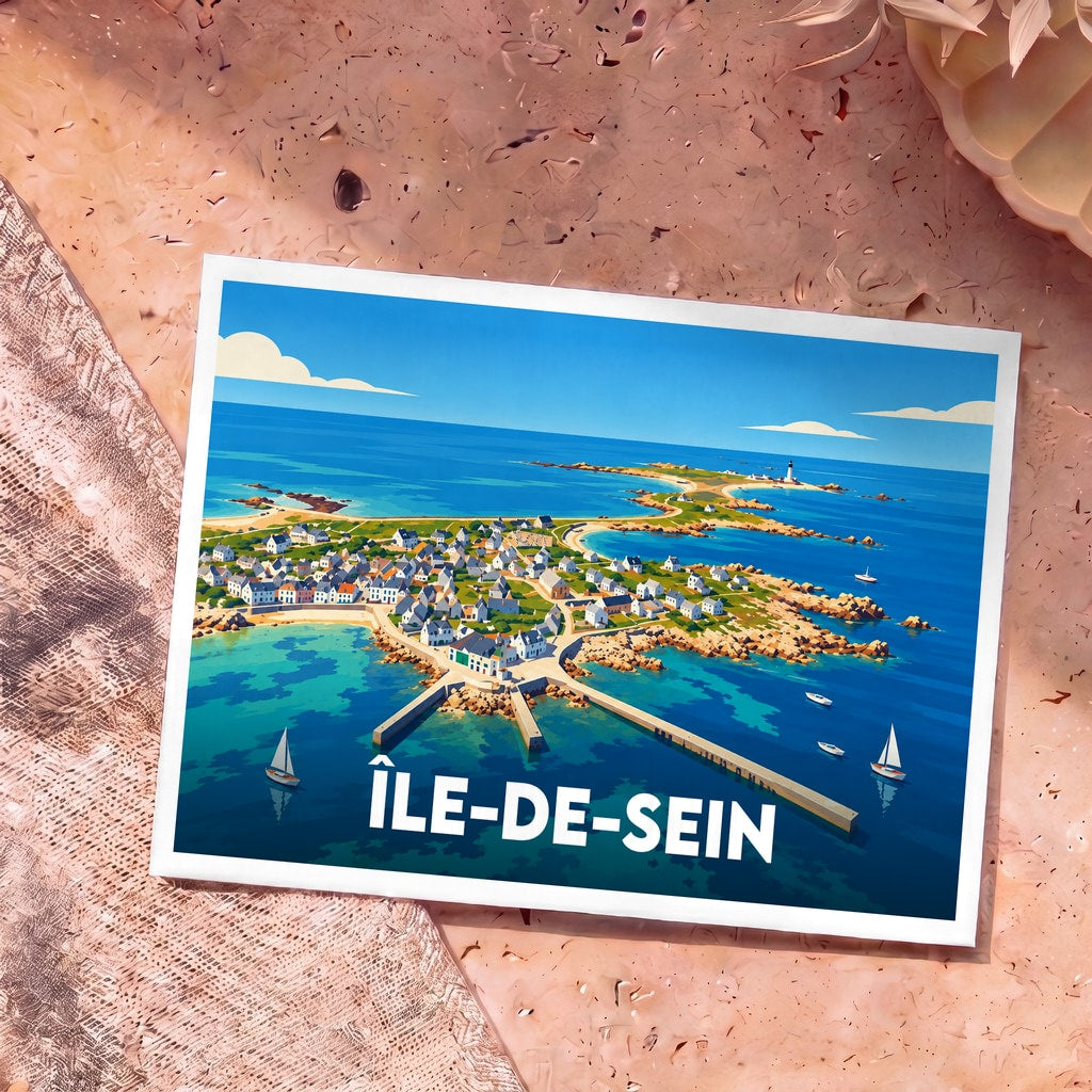Carte postale souvenir de l'Île-de-Sein avec une illustration stylisée vue du ciel de l'île et de son phare.