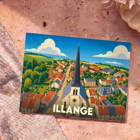 Carte postale souvenir de la ville d'Illange avec une illustration stylisée vue du ciel.