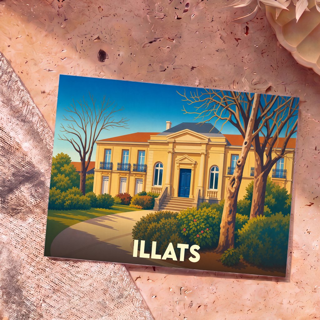 Carte postale souvenir de la ville de Illats avec une illustration stylisée d'une grande demeure classique.