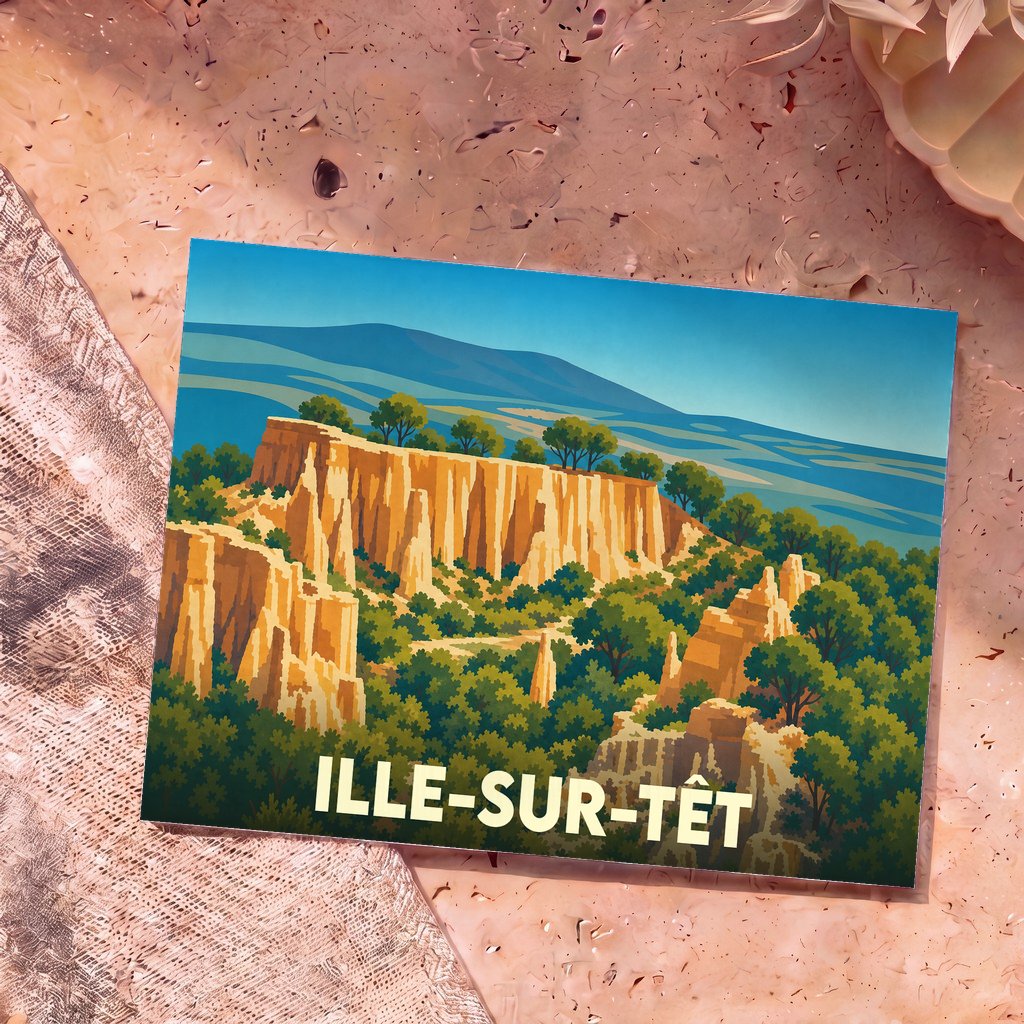 Carte postale souvenir d'Ille-sur-Têt illustrant les Orgues avec un style graphique épuré.