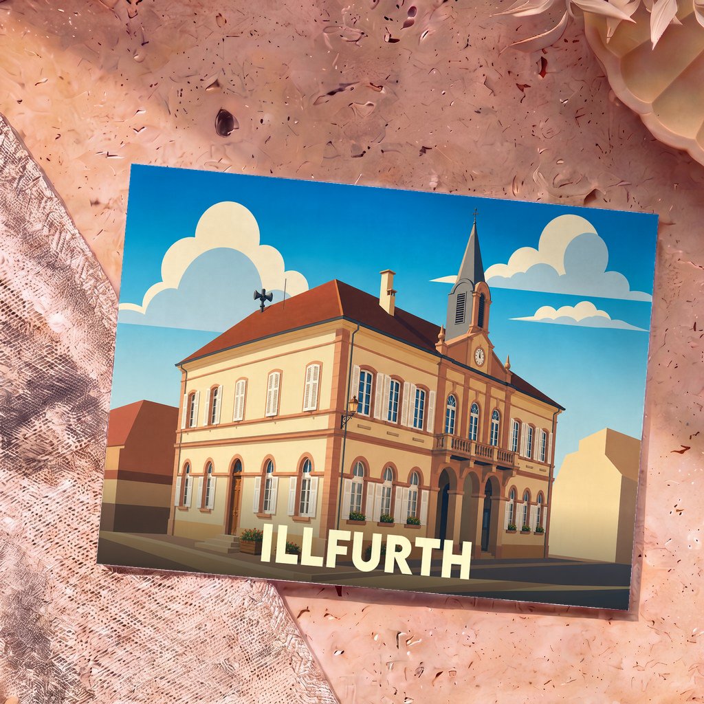 Carte postale souvenir de la ville d'Illfurth illustrant la mairie avec un style graphique épuré.