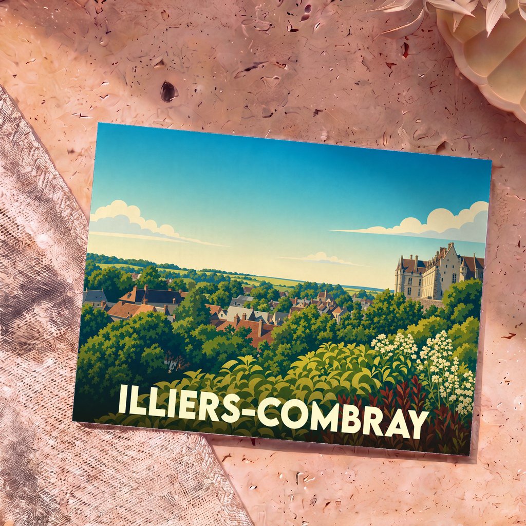 Carte postale souvenir de la ville d'Illiers-Combray arborant une illustration stylisée du village et de son château.