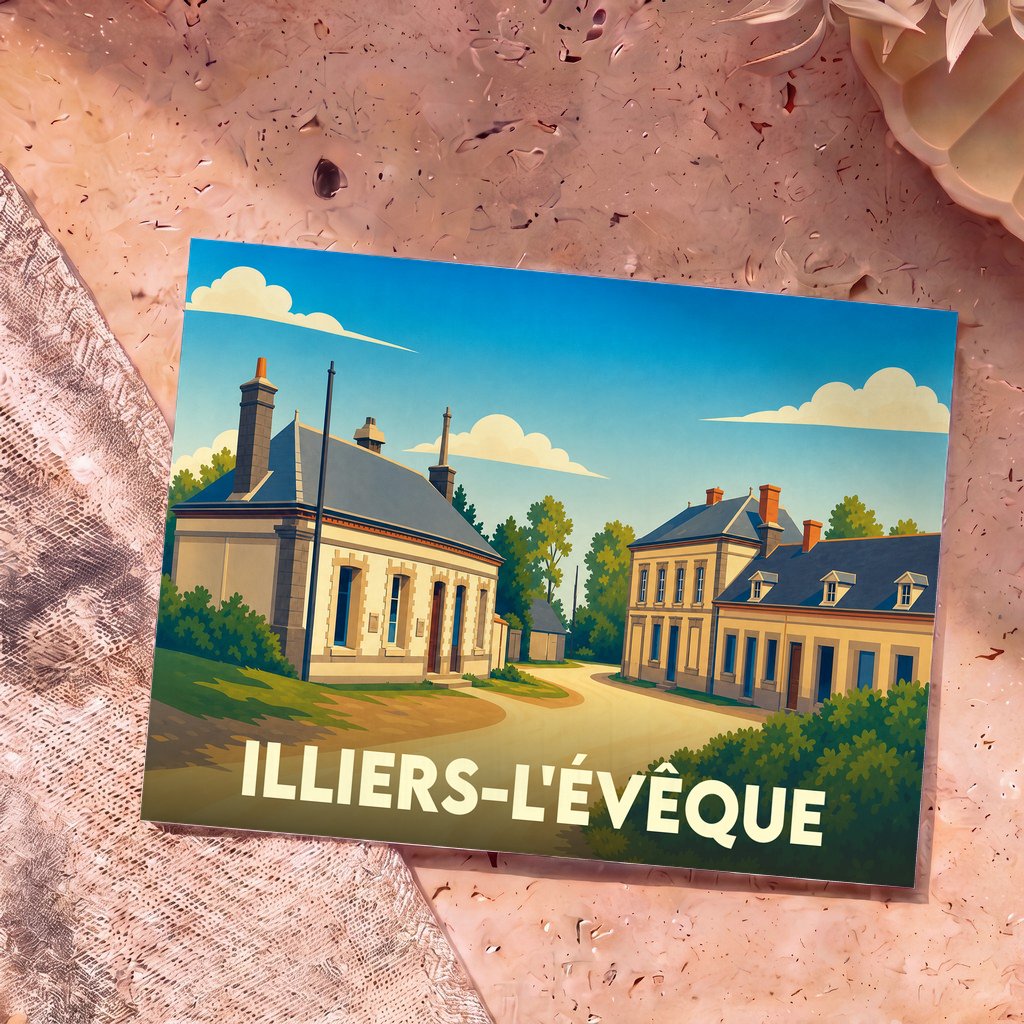Carte postale souvenir de la ville de Illiers-l'Évêque avec une illustration stylisée de ses maisons traditionnelles.