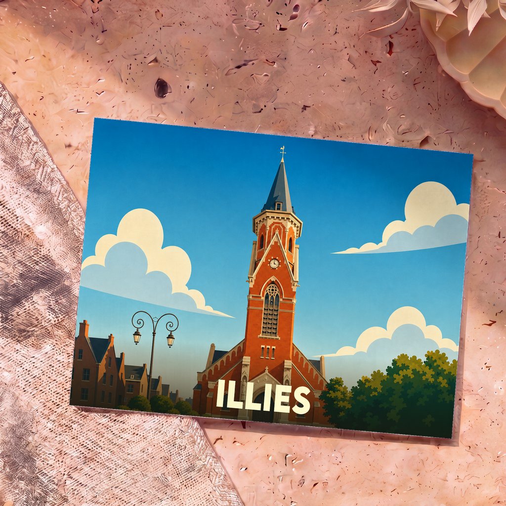 Carte postale souvenir de la ville d'Illies avec une illustration stylisée de son église.