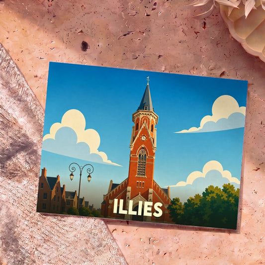 Carte postale souvenir de la ville d'Illies avec une illustration stylisée de son église.
