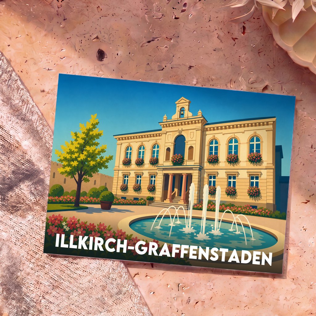 Carte postale souvenir de la ville d'Illkirch-Graffenstaden avec une illustration stylisée de son hôtel de ville et d'une fontaine.