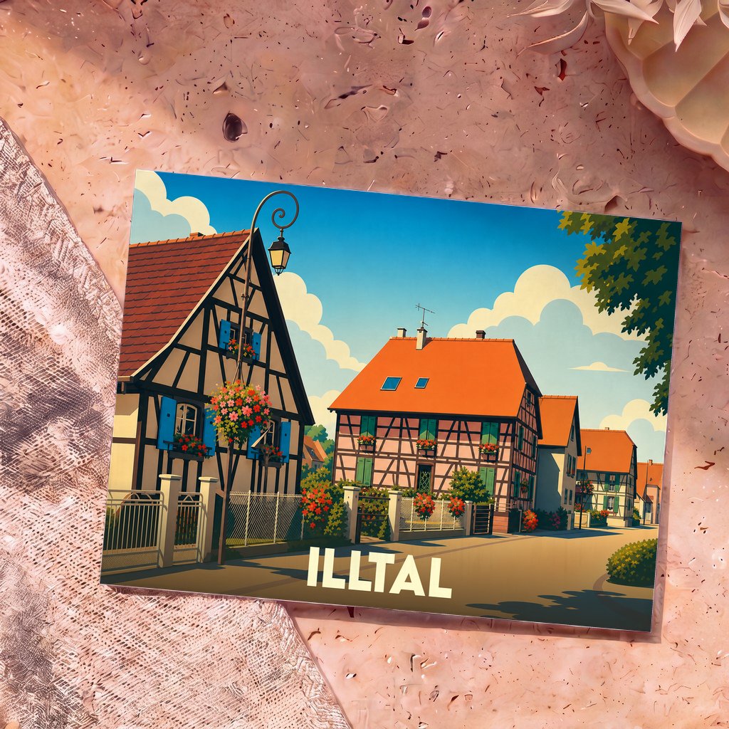 Carte postale souvenir de la ville de Illtal avec une illustration stylisée de maisons à colombages.
