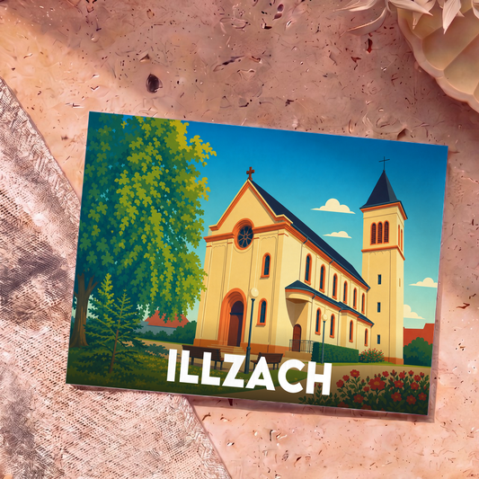 Carte postale souvenir de la ville d'Illzach avec une illustration stylisée de son église et de ses jardins.