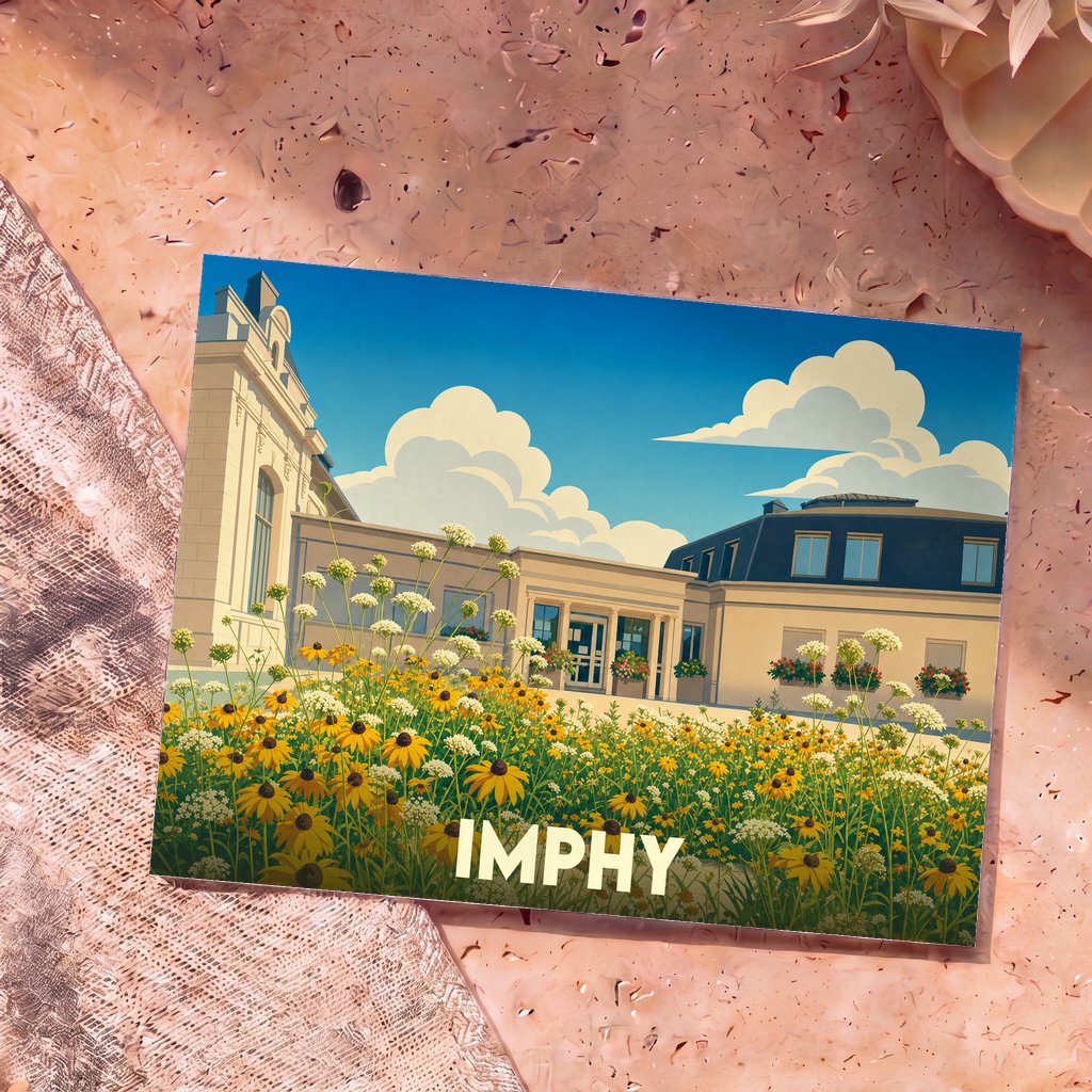 Carte postale souvenir de la ville d'Imphy avec une illustration stylisée d'un bâtiment fleuri.