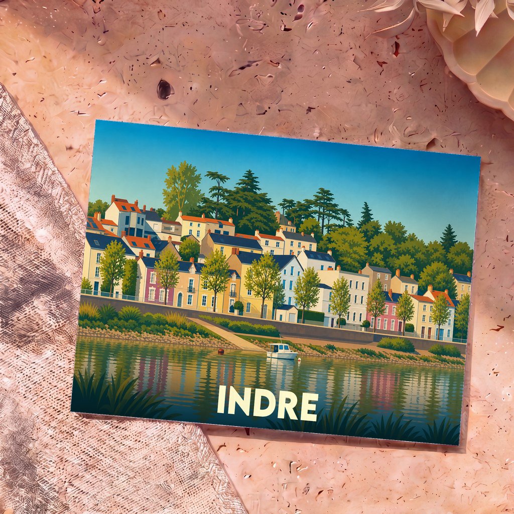Carte postale souvenir de la ville d'Indre avec une illustration stylisée et colorée de ses maisons en bord de Loire.