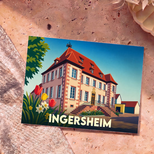 Carte postale souvenir de la ville de Ingersheim avec une illustration colorée et stylisée de son architecture.