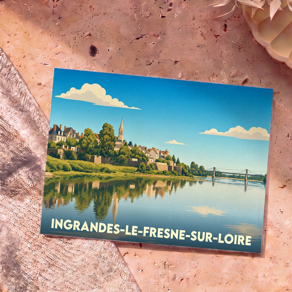 Carte postale souvenir de la ville d'Ingrandes-le-Fresne-sur-Loire avec une illustration stylisée de son front de Loire et de son pont.