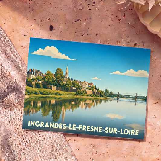 Carte postale souvenir de la ville d'Ingrandes-le-Fresne-sur-Loire avec une illustration stylisée de son front de Loire et de son pont.