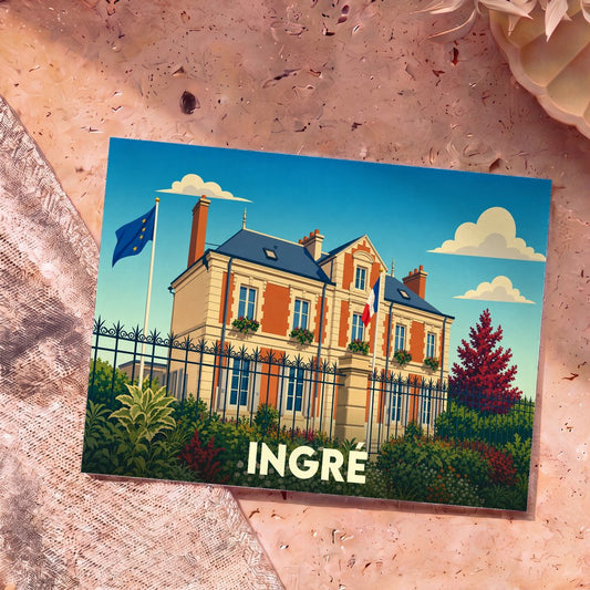 Carte postale souvenir de la ville d'Ingré illustrant l'hôtel de ville dans un style graphique épuré.