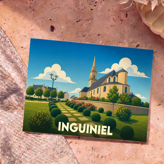 Carte postale souvenir d'Inguiniel ornée d'une illustration stylisée de son église et de ses jardins.
