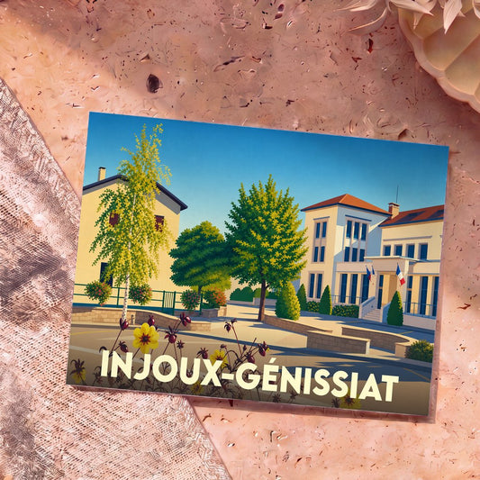 Carte postale souvenir de la ville d'Injoux-Génissiat avec une illustration colorée et stylisée.