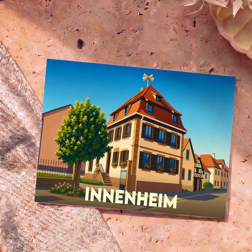 Carte postale souvenir de la ville de Innenheim présentant une illustration stylisée de son architecture traditionnelle.