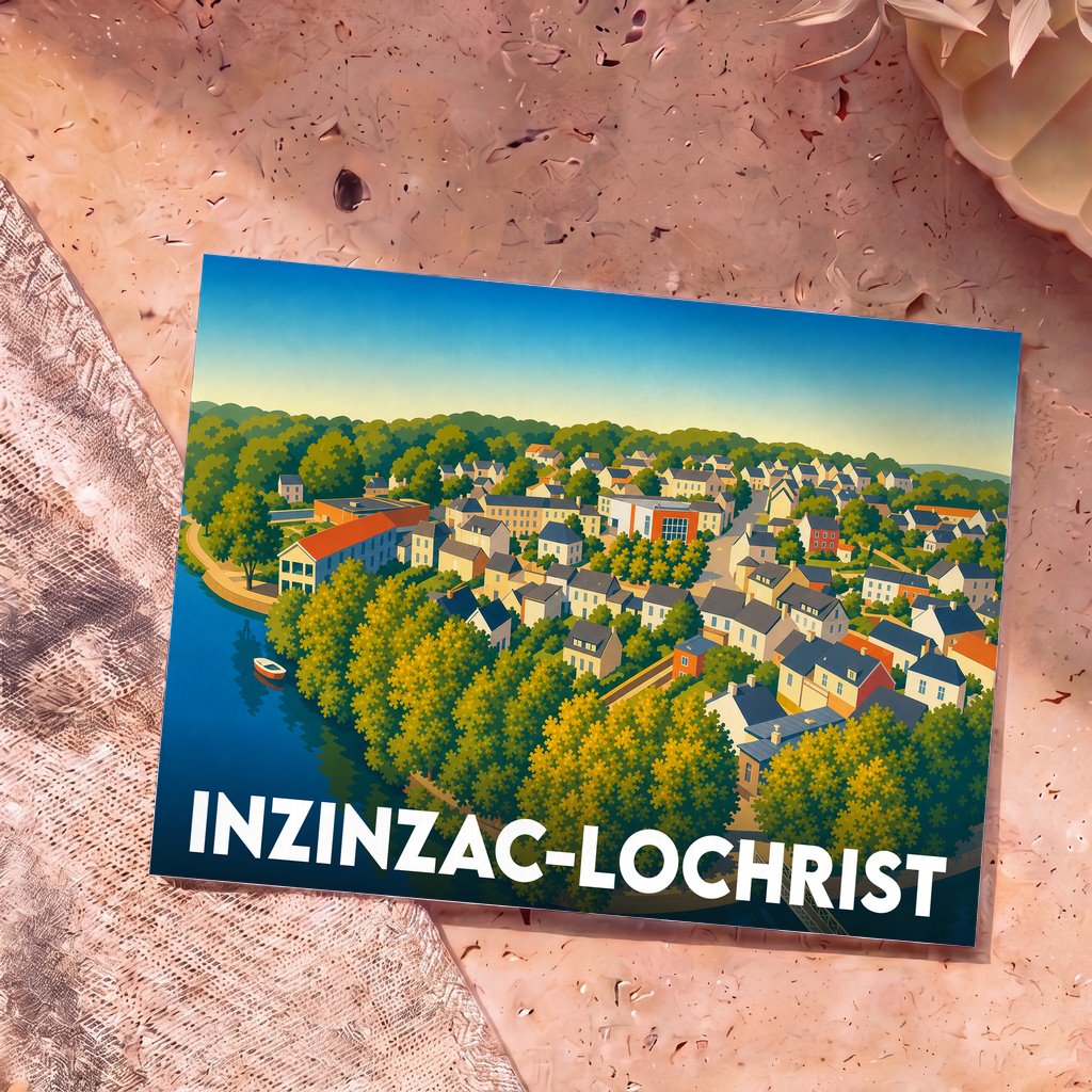 Carte postale souvenir de la ville d'Inzinzac-Lochrist avec une illustration colorée et stylisée de ses paysages et habitations en bord de rivière.