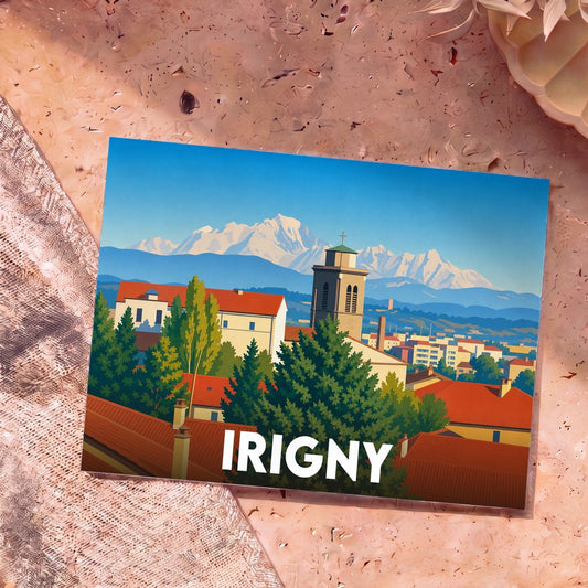 Carte postale souvenir de la ville d'Irigny avec une illustration stylisée montrant l'église et les montagnes au loin.