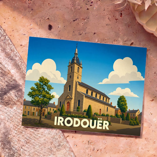 Carte postale souvenir de la ville d'Irodouër illustrant son église dans un style graphique épuré.