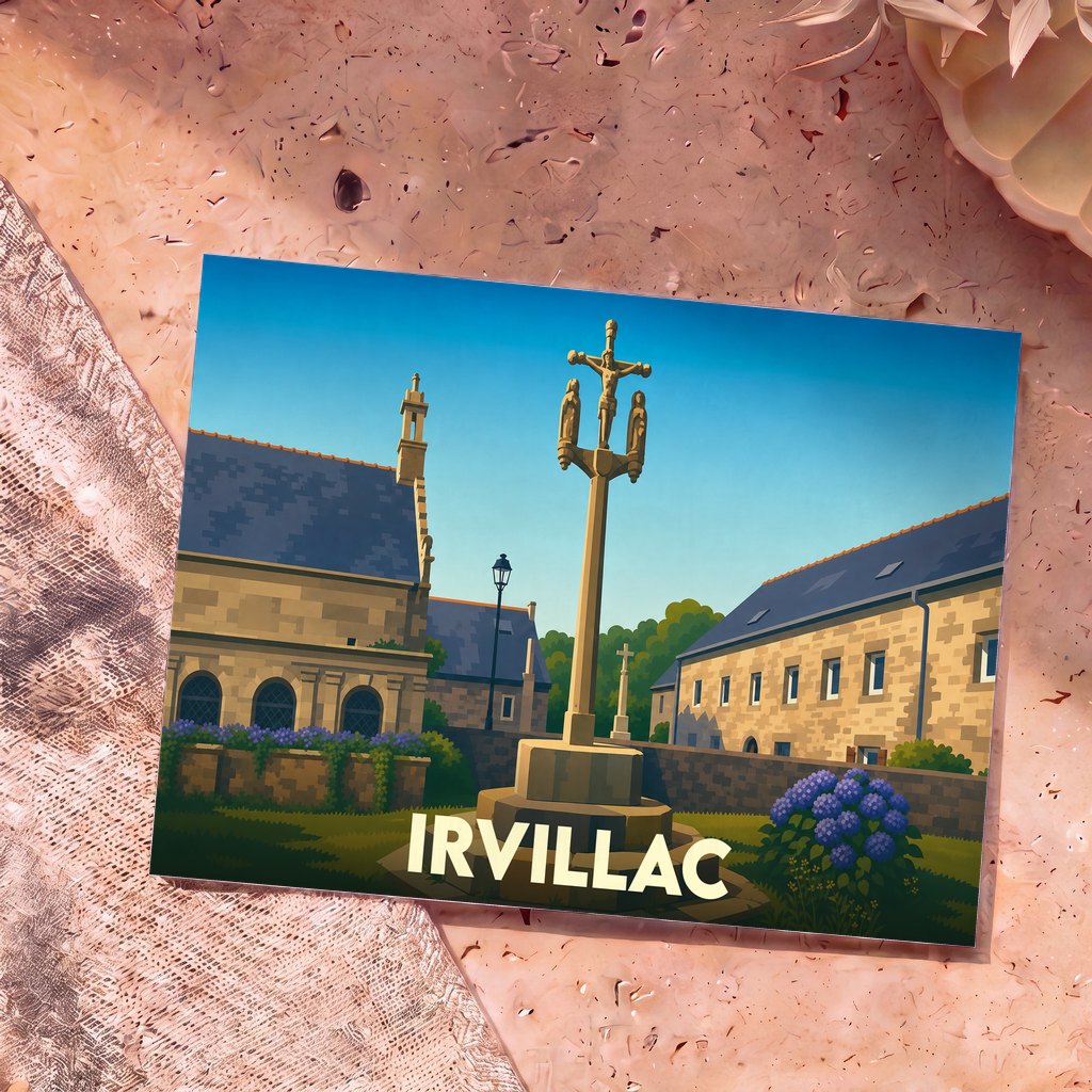 Carte postale souvenir de la ville d'Irvillac illustrant son calvaire et son église dans un style graphique épuré.