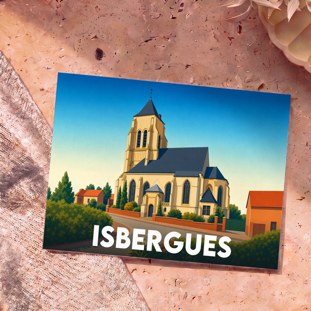 Carte postale souvenir de la ville d'Isbergues avec une illustration stylisée de son église sous un ciel bleu.