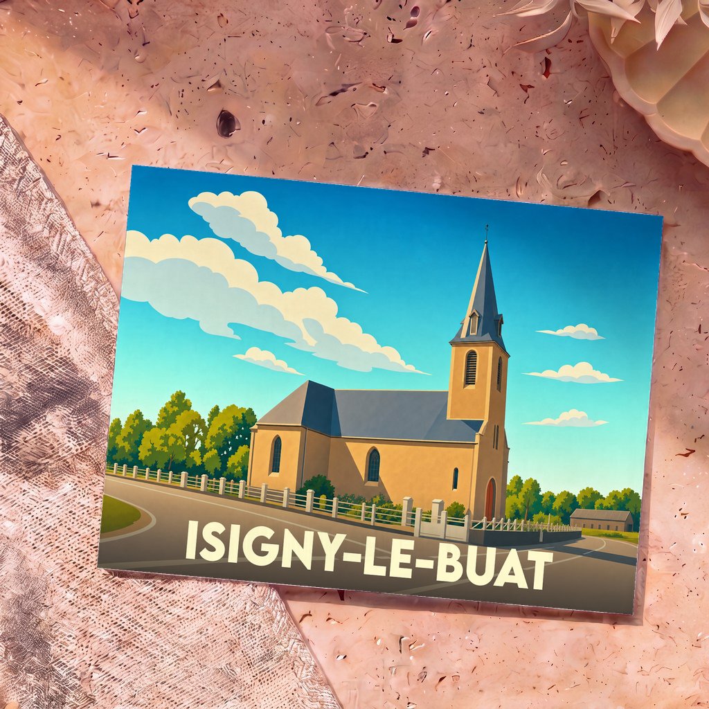Carte postale souvenir de la ville d'Isigny-le-Buat illustrant son église dans un style graphique épuré.