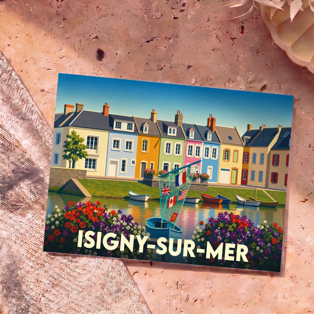 Carte postale souvenir de la ville d'Isigny-sur-Mer avec une illustration colorée et stylisée de ses quais.