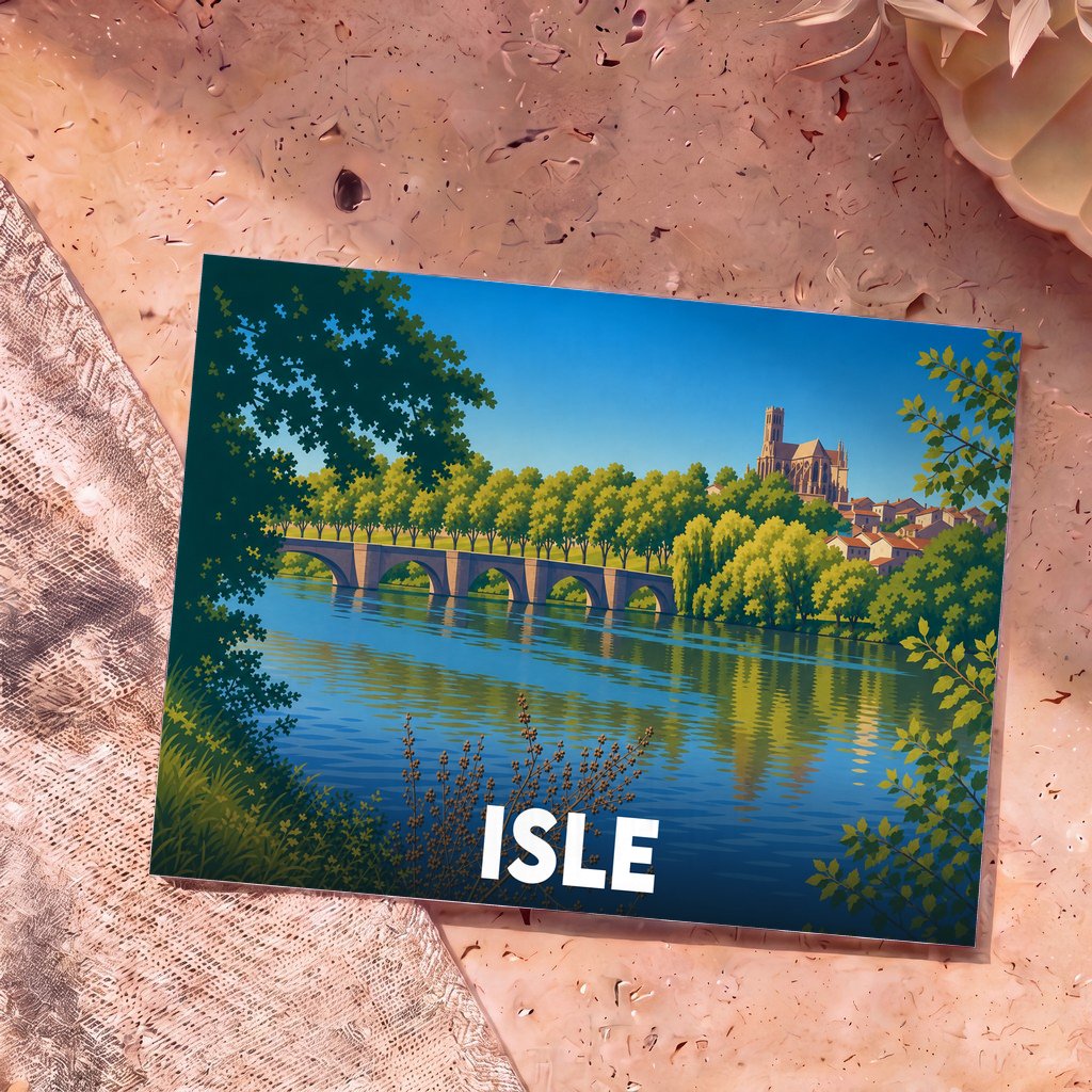 Carte postale souvenir de la ville de Isle avec une illustration stylisée d'un pont et d'une cathédrale au bord de l'eau.