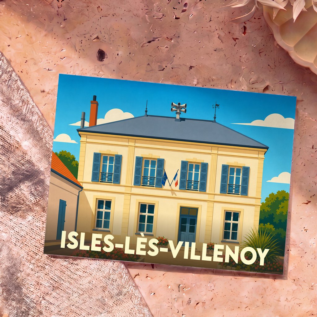 Carte postale souvenir de la ville de Isles-lès-Villenoy avec une illustration stylisée de la mairie.