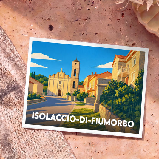 Carte postale souvenir de la ville d'Isolaccio-di-Fiumorbo avec une illustration stylisée.