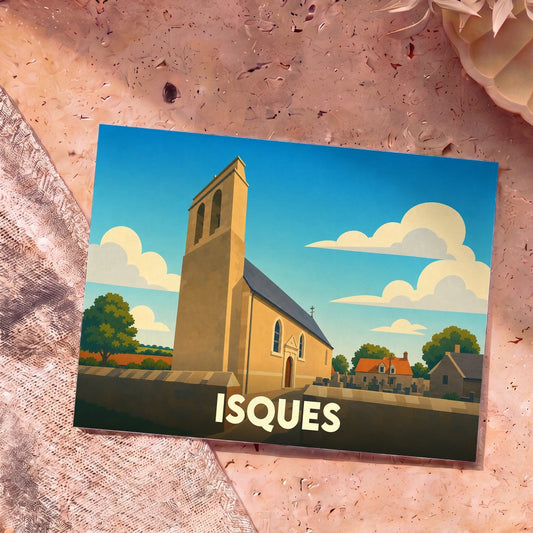 Carte postale souvenir de la ville d'Isques illustrant son église dans un style graphique épuré.