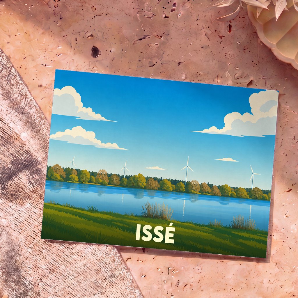 Carte postale souvenir de la ville d'Issé représentant une illustration stylisée de son paysage avec lac et éoliennes.