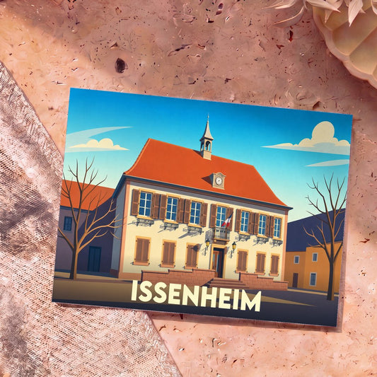 Carte postale souvenir de la ville d'Issenheim avec une illustration stylisée de son hôtel de ville.