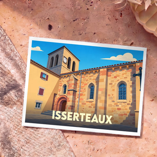 Carte postale souvenir de la ville d'Isserteaux avec une illustration stylisée de son église.