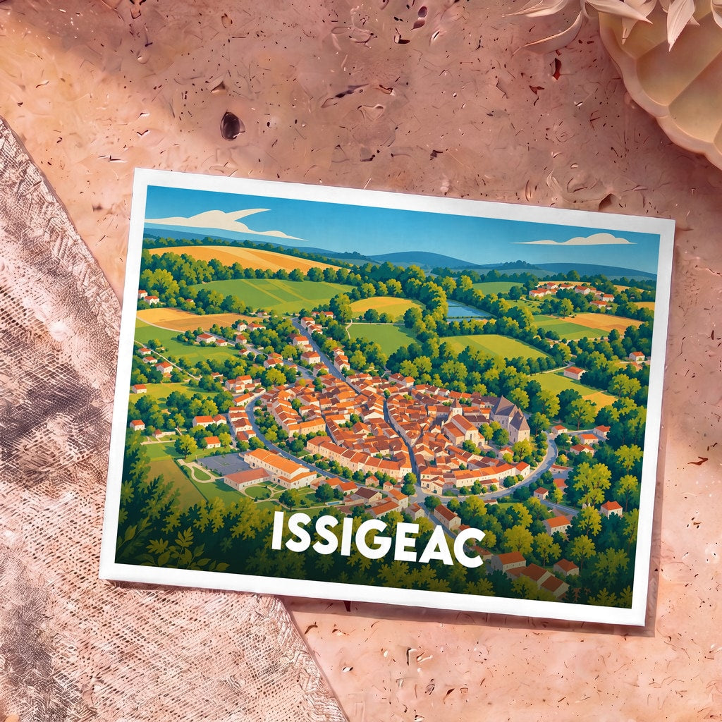 Carte postale souvenir de la ville d'Issigeac avec une illustration aérienne colorée et stylisée du village.